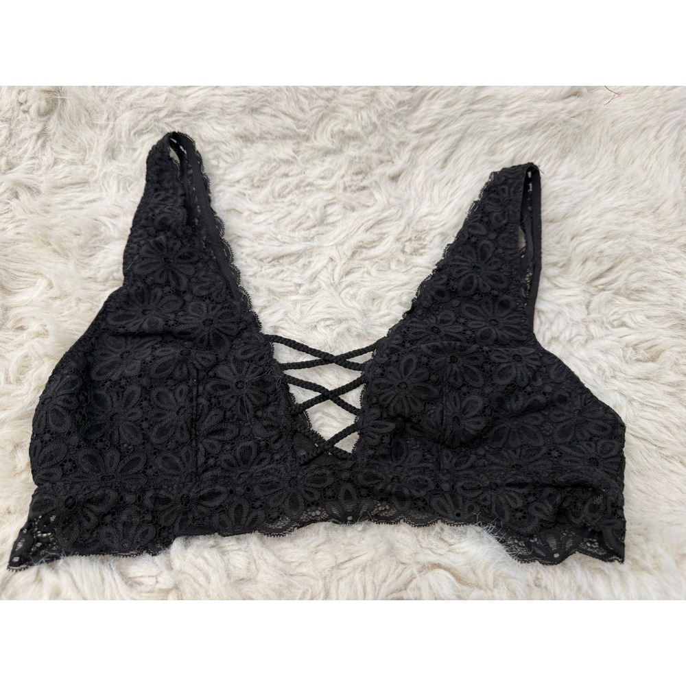 Victoria's Secret Black Floral Lace Crisscross V-Neck Bralette Large